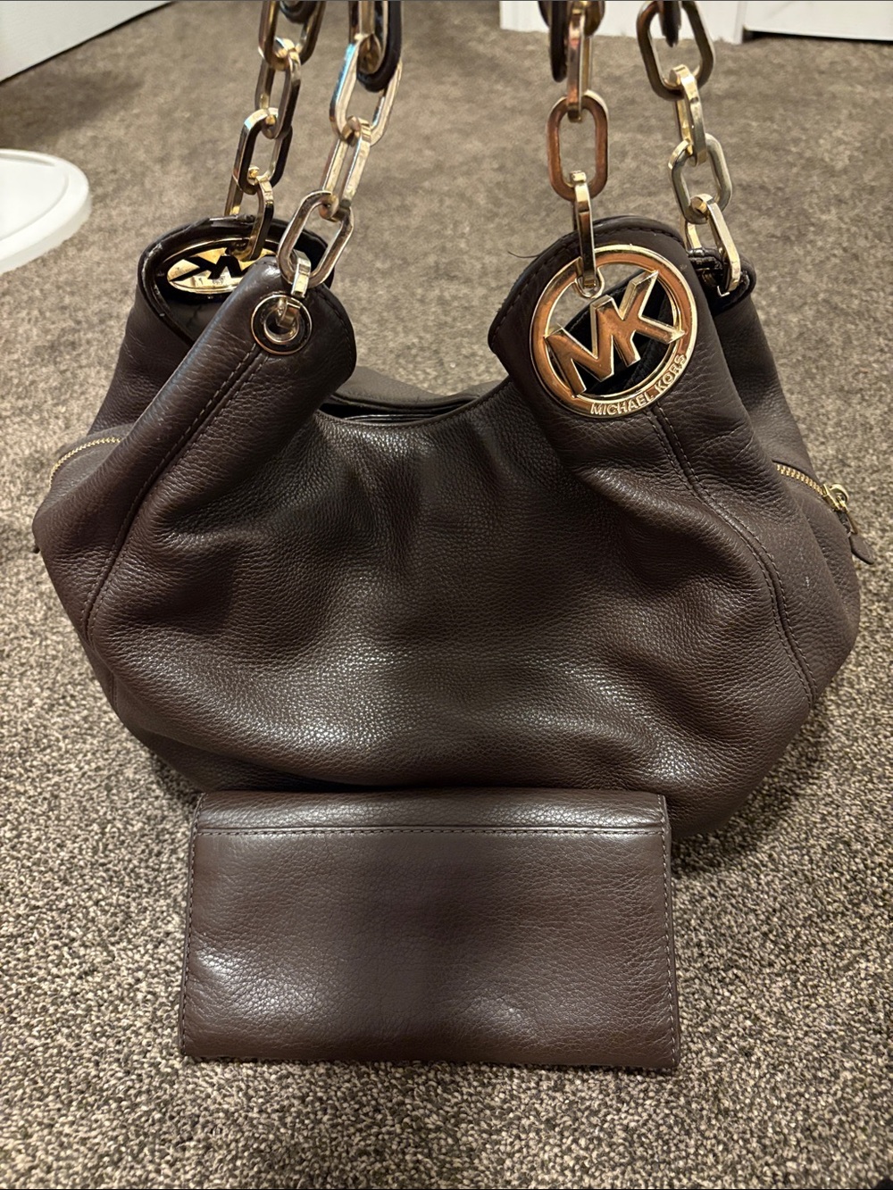 Michael Kors Dark Brown Pebbled Leather Shoulder Hobo with Gold MK Charm - Picture 2 of 16
